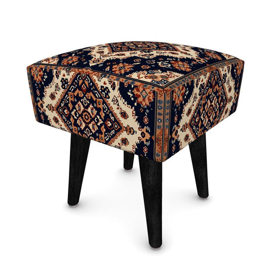 Boho Round Tribal Vanity Stool – Custom Upholstered Pouf Footstool for Bedroom, Living Room, or Entryway Décor