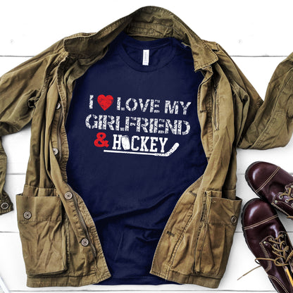 I Love My Girlfriend And Hockey Custom Shirt, Gym Shirt, Distressed Text Shirt,I Love My Girlfriend Shirt Custom Heart