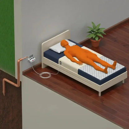 Illustration of a person lying on a mattress with electrical components and a plant in the background.