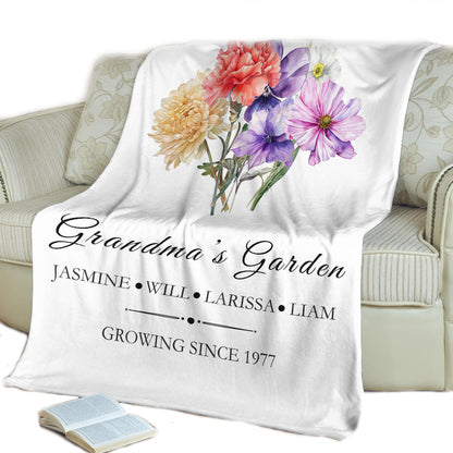 Custom Birth Month Flowers Blanket, Custom Names, Mother's Day, Grandpa Blanket, Great Grandma