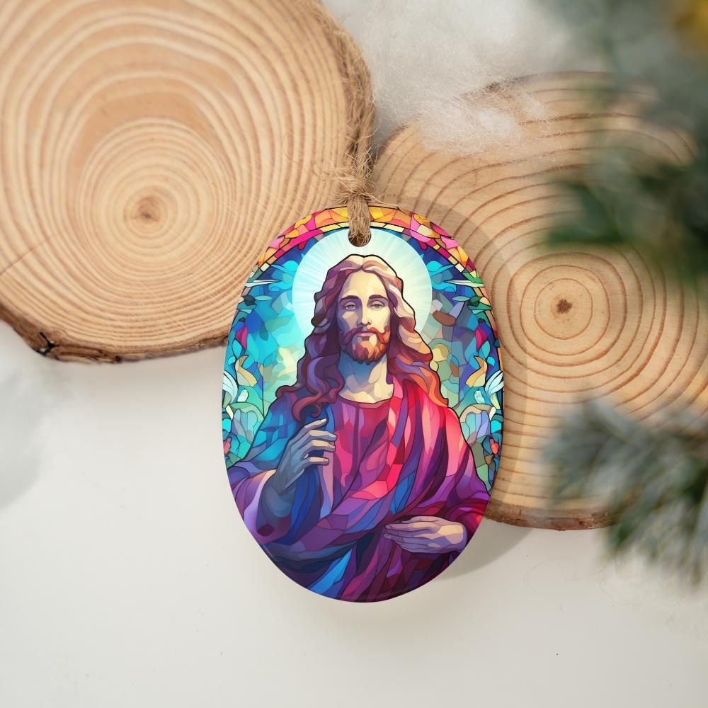 Jesus Christmas Decoration, Jesus Porcelain Christmas decoration, Christian Christmas ornament, Stain Glass look, Custom Design