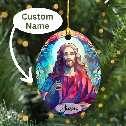 Jesus Christmas Decoration, Jesus Porcelain Christmas decoration, Christian Christmas ornament, Stain Glass look, Custom Design