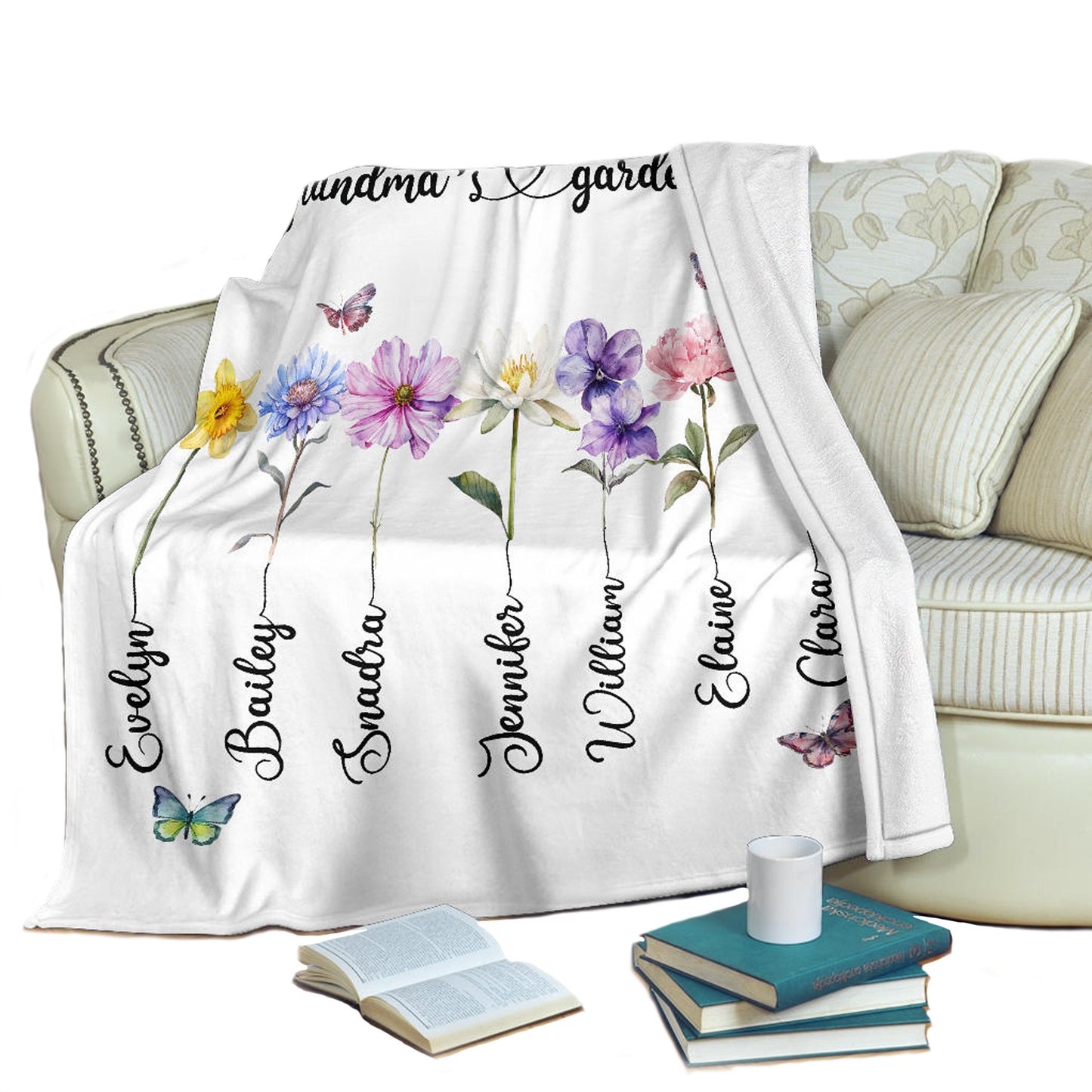 Custom Birth Month Flowers Blanket, Custom Names, Mother's Day, Grandpa Blanket, Great Grandma
