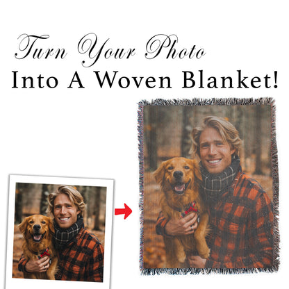 Personalized Photo Woven Cotton Throw Blanket - Made in The USA + Matching Greeting Card Pack, Add Your Own Design, Custom Throw