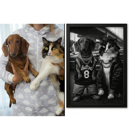 Rap Star Dog Cat Portrait, 90s Hip Hop Canvas, Framed Poster, Funny Retro Pet Gift