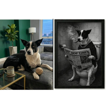 Rap Star Dog Cat Portrait, 90s Hip Hop Canvas, Framed Poster, Funny Retro Pet Gift