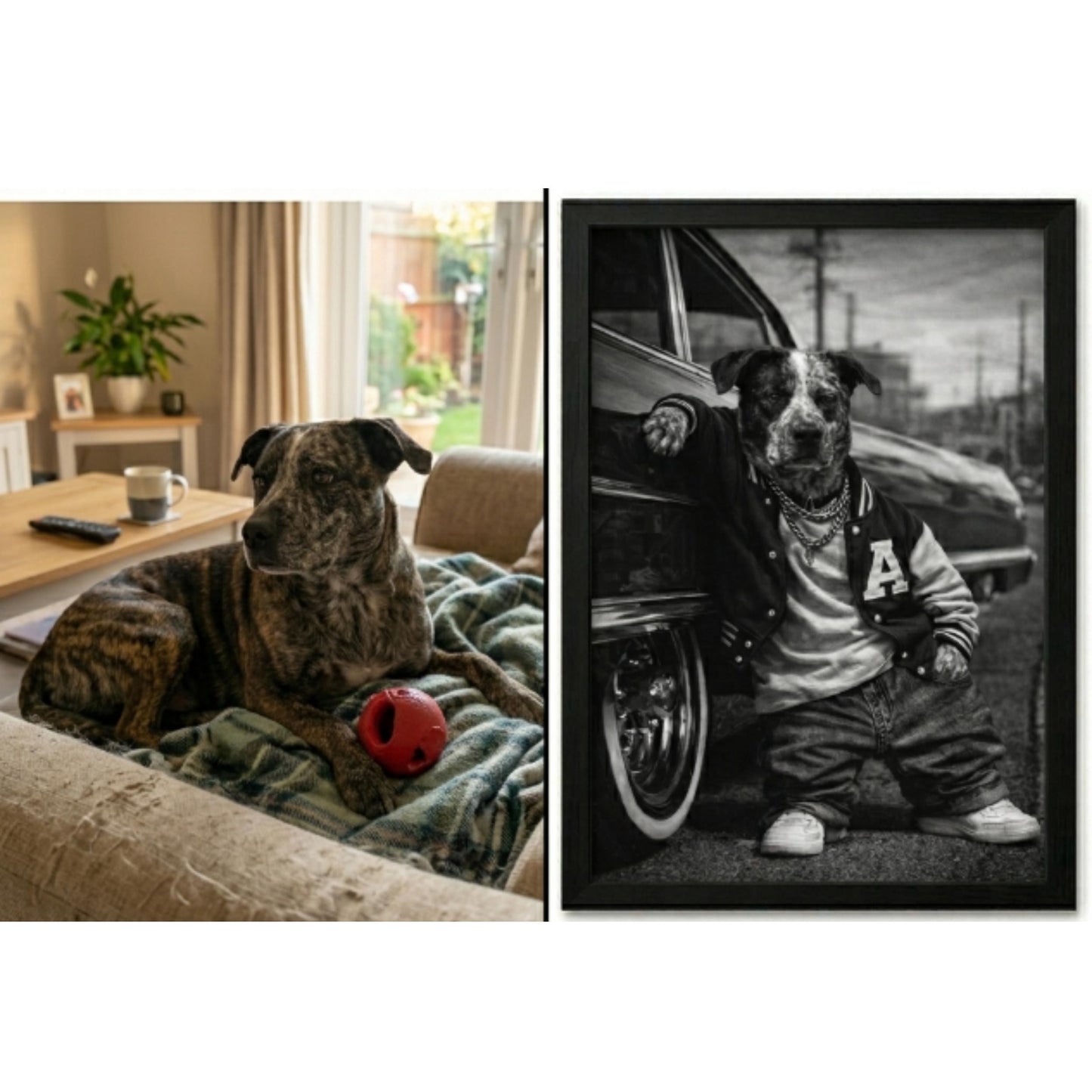 Rap Star Dog Cat Portrait, 90s Hip Hop Canvas, Framed Poster, Funny Retro Pet Gift