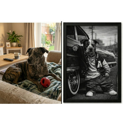 Rap Star Dog Cat Portrait, 90s Hip Hop Canvas, Framed Poster, Funny Retro Pet Gift