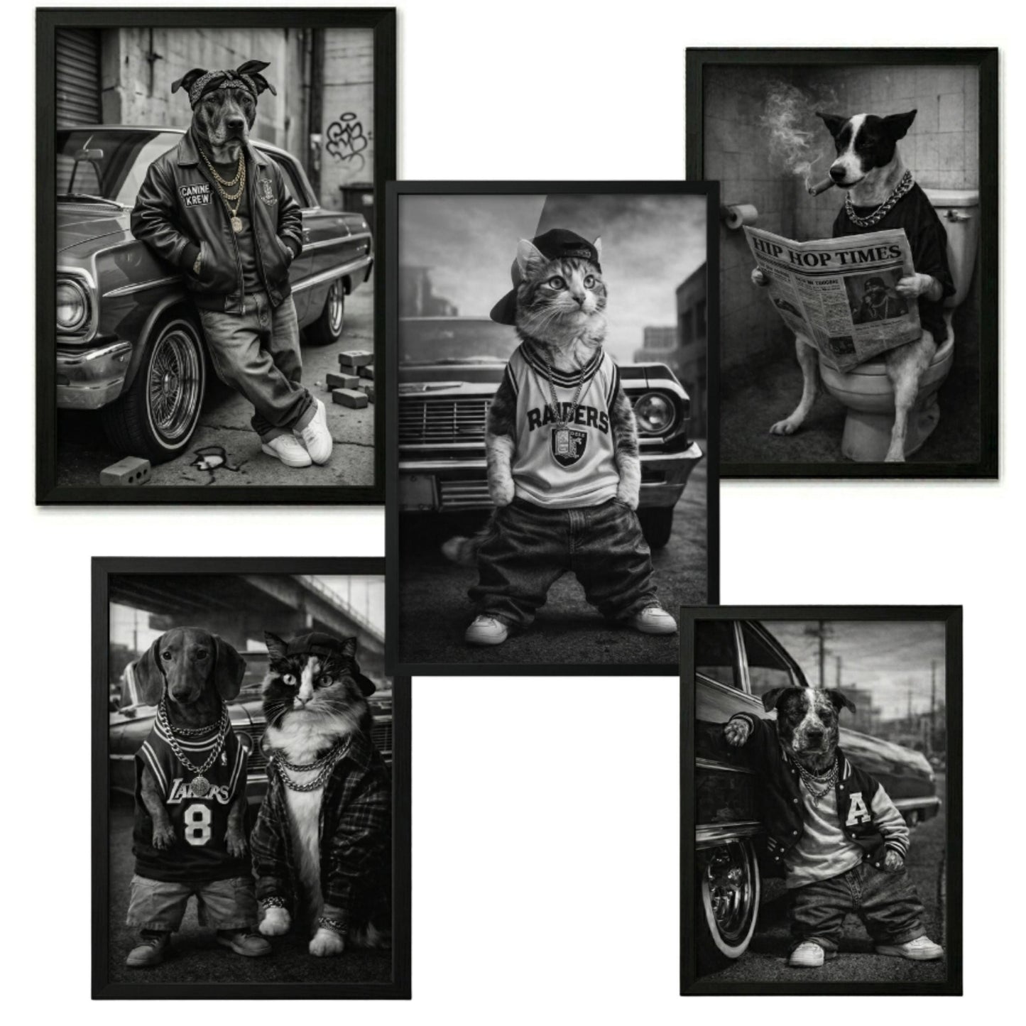 Rap Star Dog Cat Portrait, 90s Hip Hop Canvas, Framed Poster, Funny Retro Pet Gift