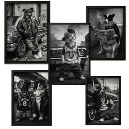 Rap Star Dog Cat Portrait, 90s Hip Hop Canvas, Framed Poster, Funny Retro Pet Gift