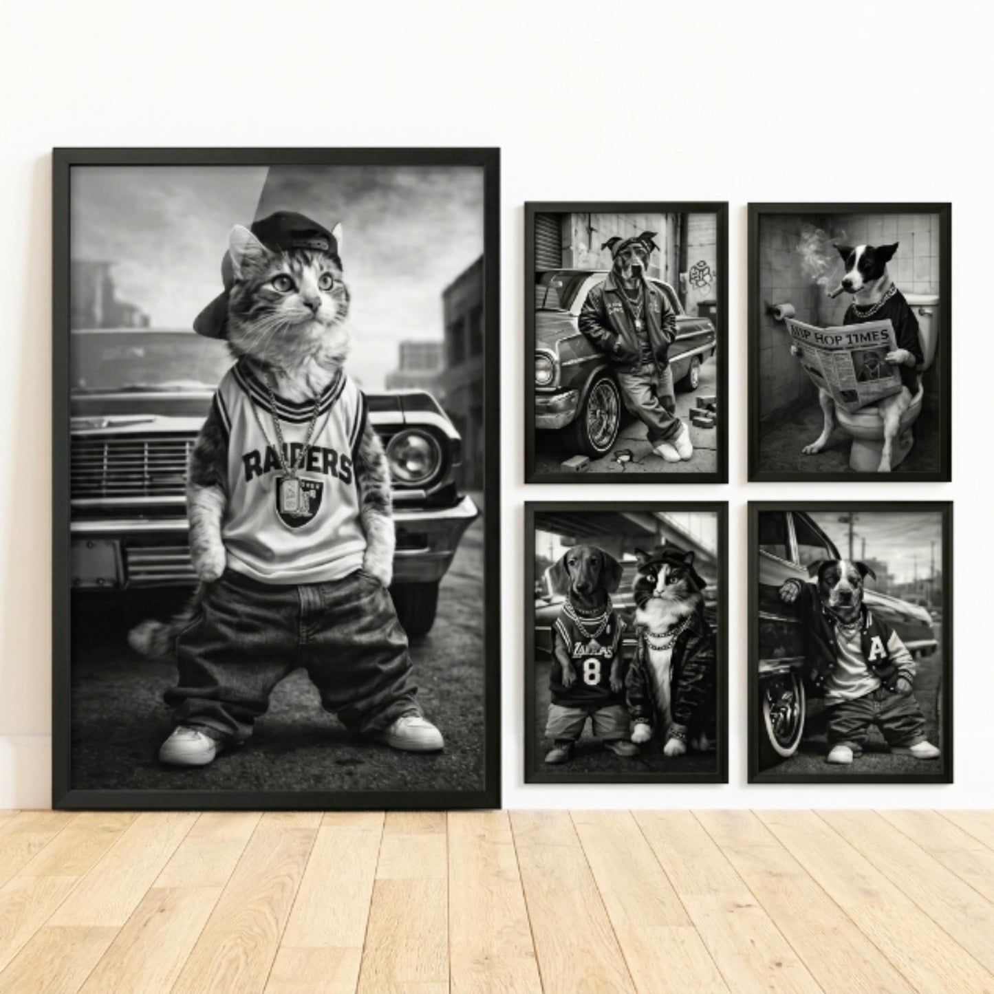 Rap Star Dog Cat Portrait, 90s Hip Hop Canvas, Framed Poster, Funny Retro Pet Gift