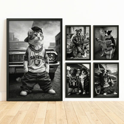 Rap Star Dog Cat Portrait, 90s Hip Hop Canvas, Framed Poster, Funny Retro Pet Gift