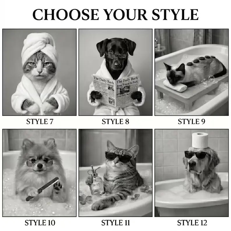 Custom Pet Bathroom Portrait (1–3 Pets) – Funny Dog & Cat Wall Art Canvas or Poster