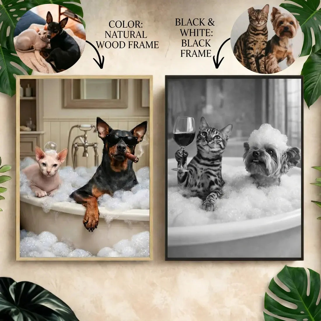 Custom Pet Bathroom Portrait (1–3 Pets) – Funny Dog & Cat Wall Art Canvas or Poster