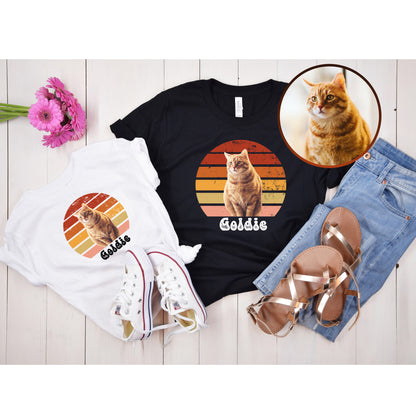 Custom Retro Sun Unisex Adult Cat T-Shirts, Personalized Vintage Cat Photo Shirts