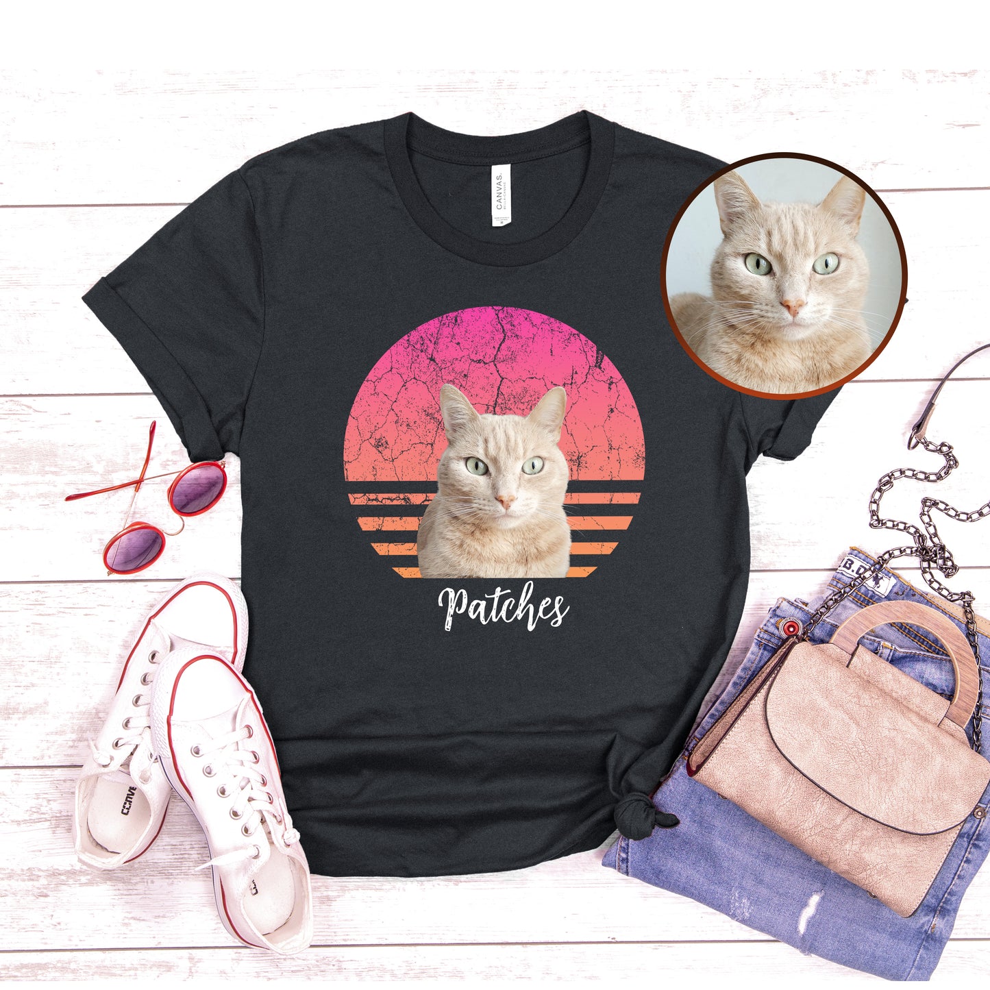 Custom Retro Sun Unisex Adult Cat T-Shirts, Personalized Vintage Cat Photo Shirts