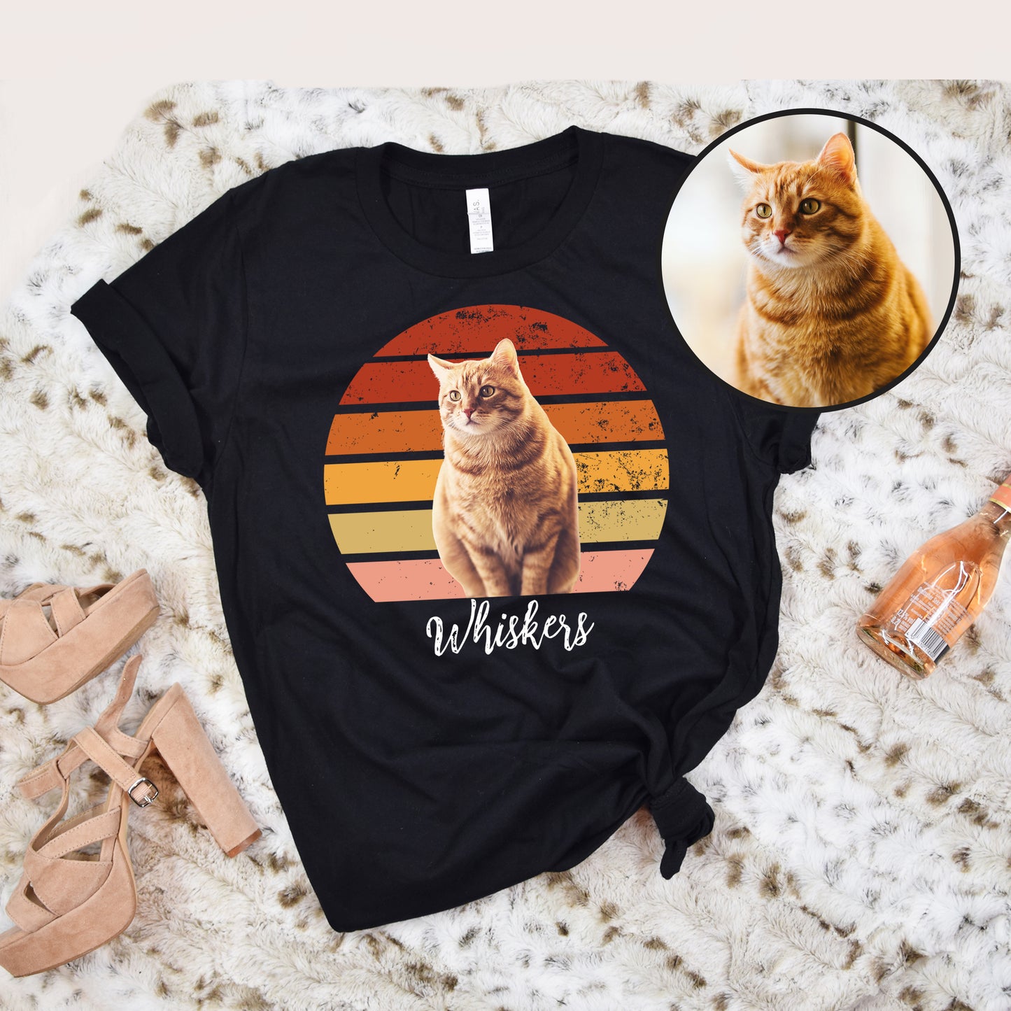 Custom Retro Sun Unisex Adult Cat T-Shirts, Personalized Vintage Cat Photo Shirts