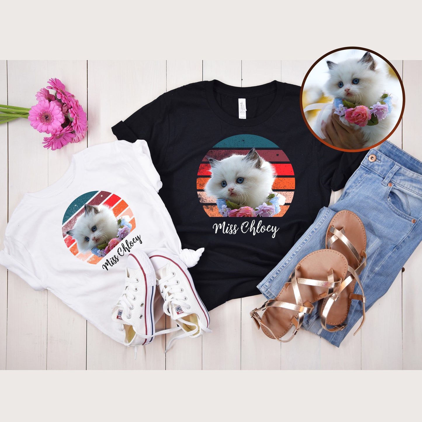 Custom Retro Sun Unisex Adult Cat T-Shirts, Personalized Vintage Cat Photo Shirts
