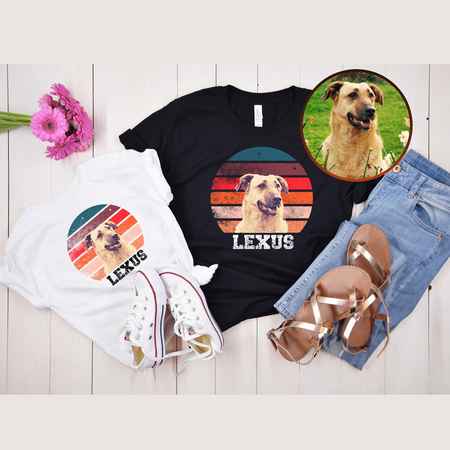 Custom Retro Sun Unisex Adult Cat T-Shirts, Personalized Vintage Cat Photo Shirts